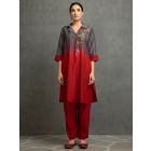 Grey Maroon Ombre Dyed Cotton Silk Embroidered Kurta with Pants- Set of 2