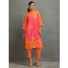 Orange Printed Cotton Silk Hand Embroidered Kurta with Pants- Set of 2