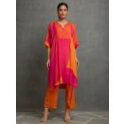Pink Printed Cotton Silk Hand Embroidered Kurta with Pants- Set of 2