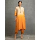 Beige Orange Hand Embroidered Cotton Silk Kurta with Pants- Set of 2