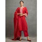 Red Embroidered Chanderi Suit- Set of 3