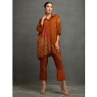 Brown Printed Cotton Silk Hand Embroidered Co-ord Set- Set of 2