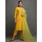 Yellow Embroidered Chanderi Suit- Set of 3