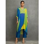 Green Blue Printed Georgette Hand Embroidered Kurta with Slip and Pants- Set of 2