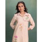 Beige Embroidered Cotton Slub Kurta with Pants- Set of 2
