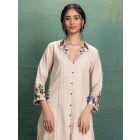 Beige Embroidered Cotton Slub Kurta with Pants- Set of 2