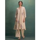 Cream Embroidered Chanderi Kurta with Pants- Set of 2