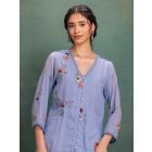 Blue Embroidered Kota Checkered Kurta with Pants- Set of 2