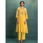 Yellow Embroidered Kota Checkered Kurta with Pants- Set of 2