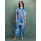 Blue Printed Cotton Silk Tunic with Pants- Set of 2