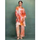 Beige Orange Printed Cotton Silk Tunic with Pants- Set of 2