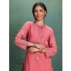 Pink Embroidered Chanderi Kurta with Pants- Set of 2