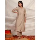 Beige Embroidered Chanderi Kurta with Pants - Set of 2