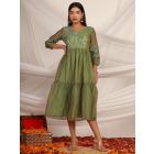 Olive Green Embroidered Chanderi Dress