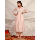 Light Pink Embroidered Chanderi Kurta with Pants - Set of 2