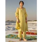 Lime Green Hand Embroidered Kota Doria Cotton Suit- Set of 3