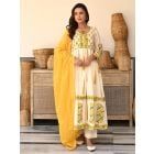 Cream Yellow Hand Block Printed Cotton Suit - Set of 3