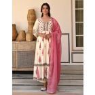 Cream Pink Hand Block Printed Cotton Suit - Set of 3