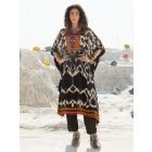 Black Ikat Printed Muslin Embroidered Kaftan with Pants - Set of 2
