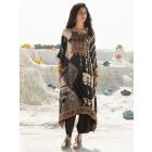 Black Cream Ikat Printed Muslin Embroidered Kaftan with Pants - Set of 2