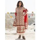 Cream Red Hand Block Printed Cotton Suit - Set of 3
