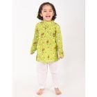 Green Hand Block Printed Cotton Mulmul Unisex Kurta