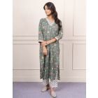 Green Hand Block Printed Cotton Kurta with Pants- Set of 2