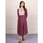 Maroon Printed Cotton Kurta with Pants- Set of 2