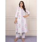 White Hand Block Printed Cotton Kurta with Pants- Set of 2