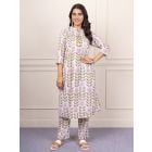 White Green Hand Block Printed Cotton Kurta with Pants- Set of 2