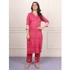 Pink Hand Block Printed Cotton Kurta with Pants- Set of 2