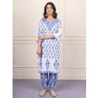 White Blue Hand Block Printed Cotton Kurta with Pants- Set of 2