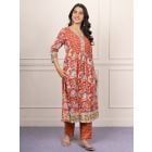 Orange Hand Block Printed Cotton Kurta with Pants- Set of 2