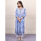 White Blue Hand Block Printed Cotton Kurta with Pants- Set of 2