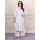 White Pink Hand Block Printed Cotton Kurta with Palazzo- Set of 2