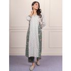 Beige Green Hand Block Printed Cotton Kurta with Pants- Set of 2