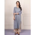 Grey Printed Cotton Kurta with Pants- Set of 2