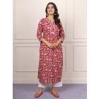 Red Hand Block Printed Cotton Kurta with Pants- Set of 2