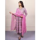 Grey Purple Hand Block Printed Cotton Suit- Set of 3