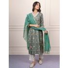 Green Hand Block Printed Cotton Suit- Set of 3