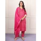 Pink Hand Block Printed Cotton Suit- Set of 3