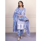 White Blue Hand Block Printed Cotton Suit- Set of 3