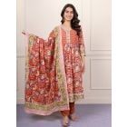 Orange Hand Block Printed Cotton Suit- Set of 3
