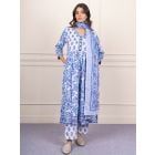 White Blue Hand Block Printed Cotton Suit- Set of 3