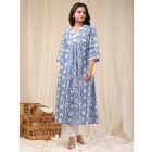 Blue Hand Block Printed Cotton Kurta with Pants- Set of 2