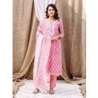 Pink Hand Block Printed Organza Suit- Set of 3