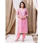 Pink Hand Block Printed Organza Kurta with Pants- Set of 2