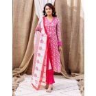 Pink Hand Block Printed Organza Suit- Set of 3