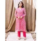 Pink Hand Block Printed Organza Kurta with Pants- Set of 2