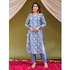 Blue Hand Block Printed Chanderi Kurta with Pants- Set of 2